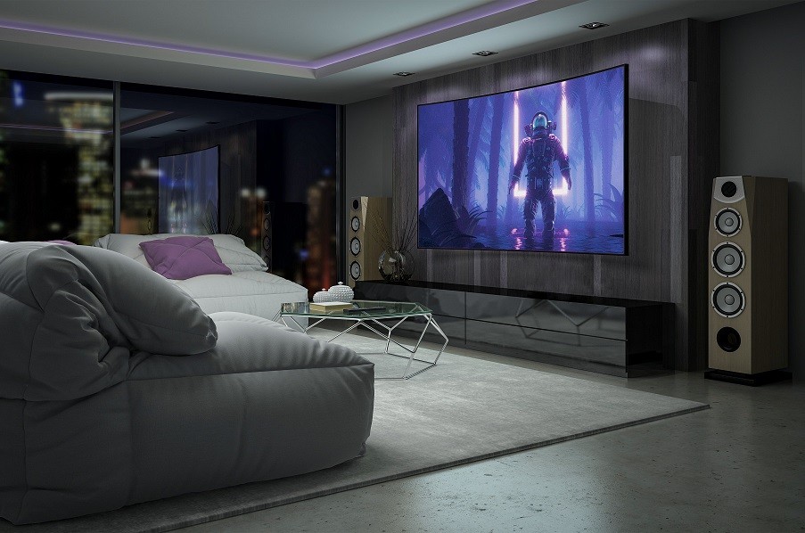a modern home theater with science fiction movie on the screen