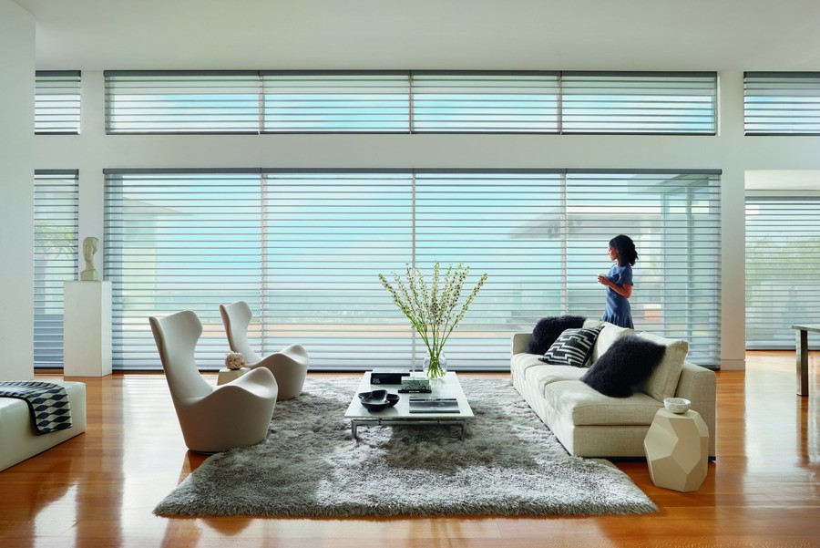 A woman standing in a living room in front of picture windows with the sheer shades drawn.